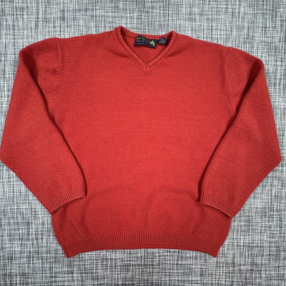 Nat Nast Mens Large Barn Red V Neck Sweater Cotton Blend Textured Knit Pullover